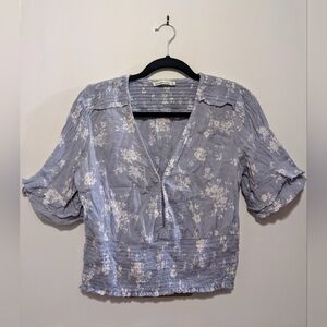 Abercrombie & Fitch Blue Floral Glutter Sleeve Smock Waist Blouse Top sz L